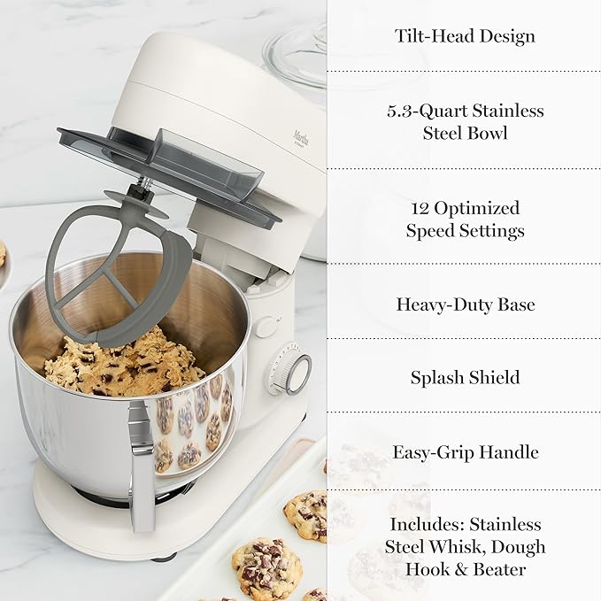 Martha Stewart  Tilt-Head Stand Mixer, 12 Speed, 5.3QT Stainless Steel Bowl, Splash Guard with Pour Chute, Whisk, Dough Hook, Flat Beater, Electric Kitchen Baking Mixer, Bread, Cake, Whip, Linen White