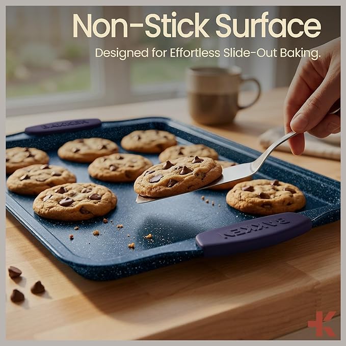 BAKKEN Kitchen Baking Pan Set - Nonstick Coating, Carbon Steel Bakeware Sets with Blue Silicone Handles, Baking Kitchen Essentials, PFOA, PFOS, PTFE Free, Oven Safe Tray (Up To 450° F), Set of 8