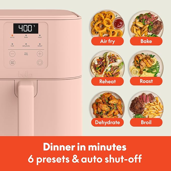bella 6 Qt Slim Air Fryer, Fits-anywhere™ Kitchenware, EverGood™ Ceramic Nonstick Coating, Adjustable Temperature, 6 Preset Cooking Options, 60 Min Auto Shutoff w Audible Tone, 5lb Capacity, Blossom