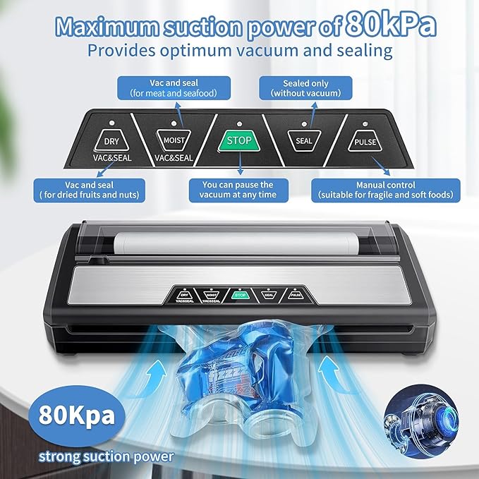 Vacuum Sealer Machine, Food Sealer Machine 80KPA Automatic for Food Saving Dry/Moist Mode with Build-in Cutter & Storage, Air Suction Hose, One-Touch,High Suction Power