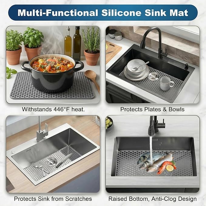 Silicone Sink Mat 25.78"x 14" Heat Resistant Sink Protectors for Kitchen Sink Bottom, Non-Slip Faucet Mat for Stainless Steel（Rear Drain）