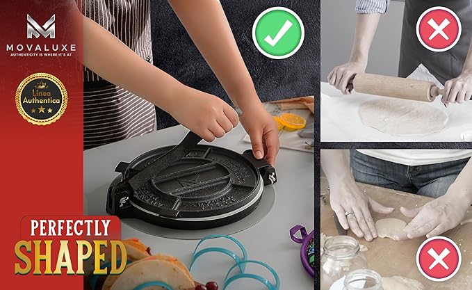 Movaluxe® Tortilla Press 10 Inch Cast Iron XL – Corn & Flour Roti Maker Machine Heavy Duty Tortillera Presser. With Parchment Paper, Warmer Pouch, Taco Holders, Rubber Mat & Digital Culinary Guide