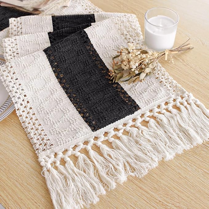 FEXIA Boho Table Runner for Home Decor with Tassels 36 Inches Long,Black Farmhouse Rustic Table Runner Macrame Burlap Table Decoration for Living Room Bridal Shower(12x36 Inches)