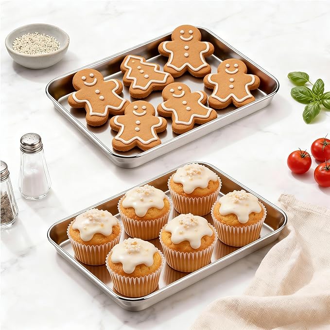 Onader Baking Sheet Pan Tray, Stainless Steel Small Baking Cookie Sheets, 9 x 7 Inch Mini Toaster Oven Trays, Food-Grade Durable Mirror Finish & Dishwasher Safe, 1-Pack