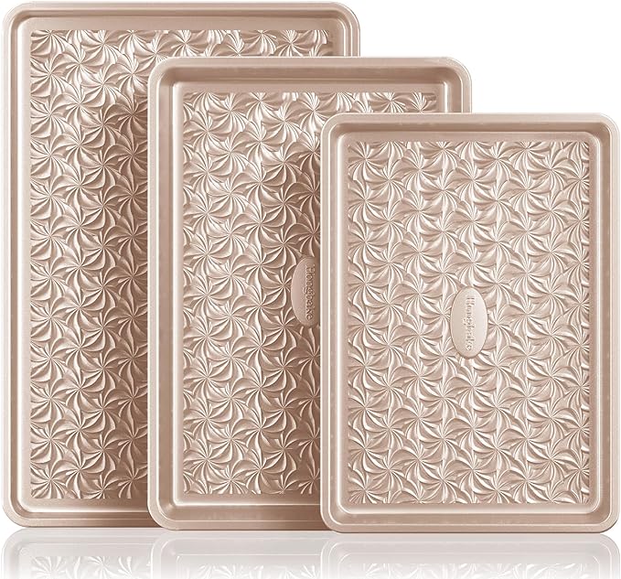 HONGBAKE Nonstick Baking Sheet Pan Set of 3, Cookie Sheets for Oven, Non-Toxic Half/Quarter/Jelly Roll Pans with Floral Swirl Texture, Heavy Duty 0.8mm Thick Oven Trays for Cooking, Champagne Gold
