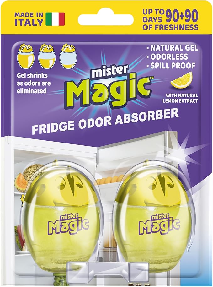 Mister Magic Refrigerator Odor Absorber – Natural Lemon Formula Gel, Odorless Fridge Deodorizer, Neutralizes Food Odors, Lasts Up to 90 Days, Safe for Food, Kitchen Supplies (1 Pack, Contains 2 Units)