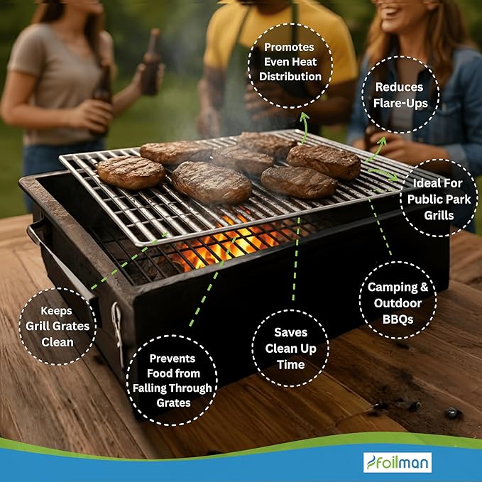 Foilman Heavy-Duty Disposable Aluminum Grill Liners, 12 x 20 Inch Nonstick Cooking Sheets for BBQ, Protects Grates from Grease, Even Heat Distribution, Easy Cleanup for Outdoor Grilling - Pack of 12
