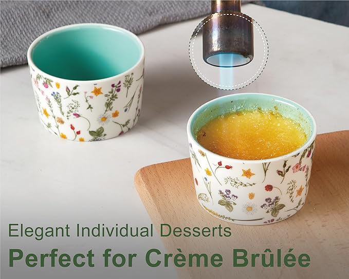 ONEMORE 6 oz Ramekins Oven Safe, Floral Ceramic Ramekin Set of 6 Mint Green Ramekins for Baking & Serving, Creme Brulee Dishes, Custard Pudding Souffle Cups, Small Dessert Bowls for Oven, Air Fryer
