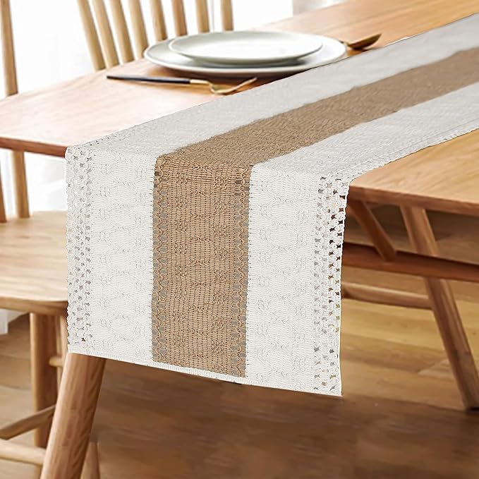 FEXIA Boho Table Runner for Thanksgiving Home Decor 48 Inches Long Farmhouse Rustic Table Runner Cream & Brown Macrame(Without Tassel) for Dining Bedroom Decor Rustic Bridal Shower (12x48 Inches)