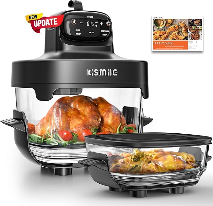 Kismile Glass Air Fryer, Upgraded 5-in-1 Portable Air Fryer with Dual Glass Bowls, 4.7QT & 2.6QT Containers & Lids, Adjustable Temp & Time, Freezer & Dishwasher Safe, Bake, Air Fry, Keep Warm & Crisp