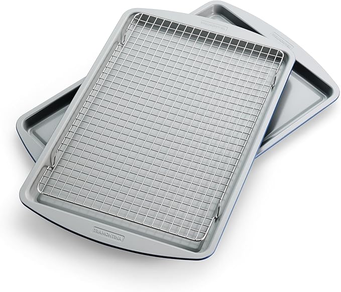 Tramontina Rise 3-Piece Ceramic Baking Pans Set, Non stick Cookie Sheets for Baking with Cooling Rack, Aluminized Steel, Dishwasher-Safe