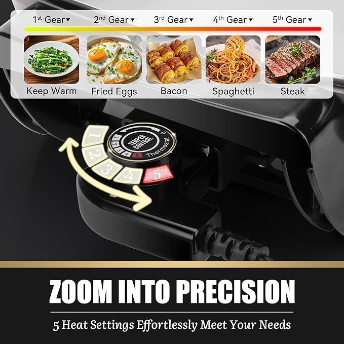 FineMade 12-inch Family Size Electric Skillet with Lid, Ceramic Skillet Electric, Square Skillet, Non Stick Electric Skillet Griddle Pan, PFAS-Free Temperature Control, 1500W, 6 QT, Gray