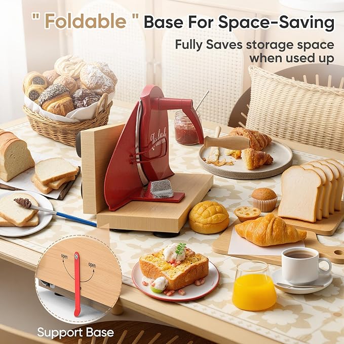 Foldable Extra Large Manual Bread Slicer for Sourdough Bread - Adjustable Thickness & Evenly Slice, with Knob and Scale, Folding Woodbase, Suction Cups and Bread Guide for Bagel, Sandwiches, Toast