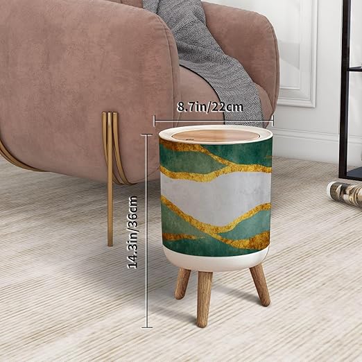 Trash Can with Lid 3d abstract marble green gray marble golden shapes for home living Press Top Round Small Garbage Bin with Wooden Legs Waste Basket for Kitchen Bedroom Nursery 7L/1.8 Gallon