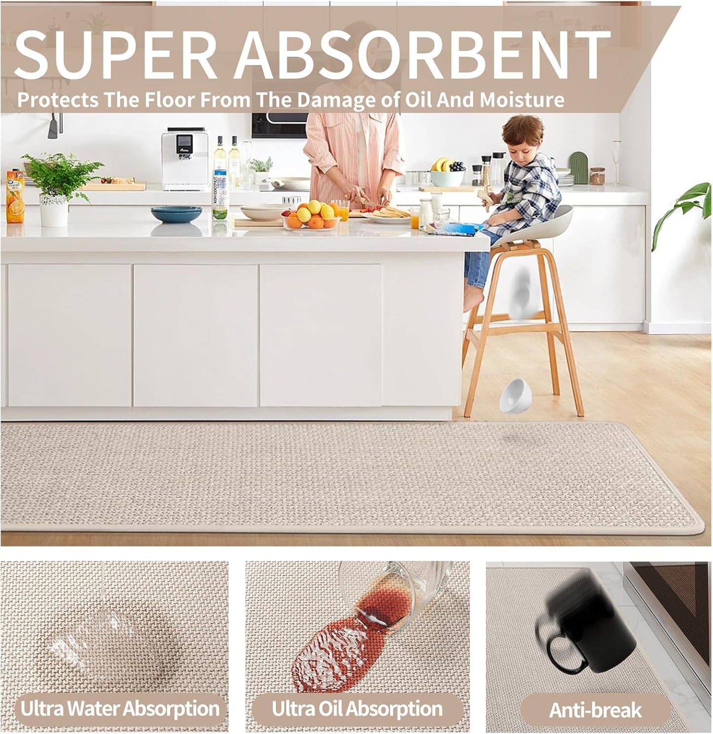 Kitchen Mats for Floor, Super Absorbent Kitchen Rugs Non Slip Washable, Soft Imitation Linen Braided Kitchen Runner Rug, Standing Mat Kitchens Sink Mat, Easy to Clean, Beige 17x30