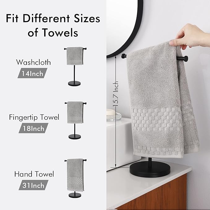 KES Black Towel Rack, Tall Hand Towel Stand 16.5" Fit Standard Hand Towels, T-Shape Standing Hand Holder Countertop Weighted Base, SUS304 Stainless Steel Matte Black, BTH208S14B-BK