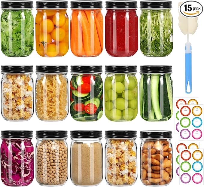Glass Mason Jars with Black Lids 16 oz - 15 Pack Regular Mouth Canning Jars for Food Storage, Meal Prep, Overnight Oats, DIY Crafts - Includes 24 Stickers & Brush