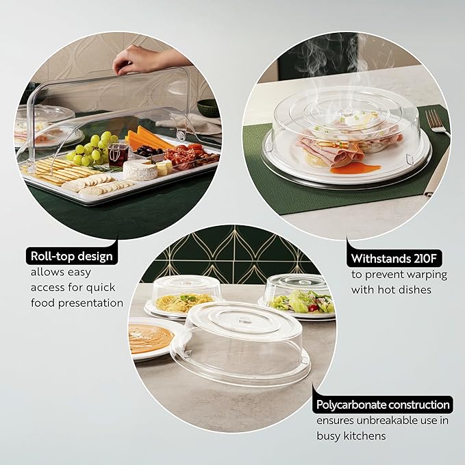 Restaurantware Cater Tek 21 Inch Polycarbonate Plate Cover 1 Shatterproof Dish Cover - Dishwashable For 21 Inch Plates Clear Plastic Tray Cover Flap Handle Design Endures Up To 210F