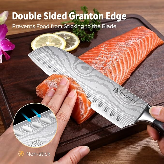 PAUDIN Santoku Knife, 7 Inch Kitchen Knife, Ultra Sharp Edge - Forged High Carbon German Stainless Steel, Professional Chef Knife with Ergonomic Handle, Gifts for Men and Women