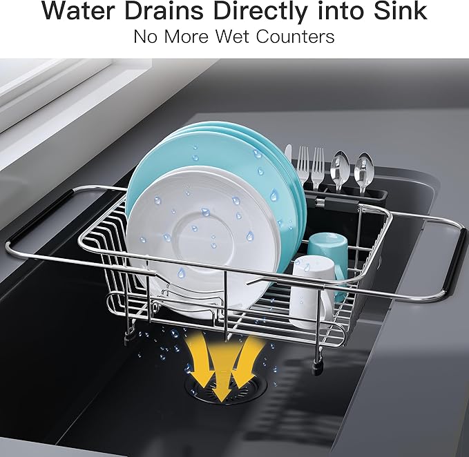 Apartment RV Small Dish Drainer Drying Rack Over The Sink In Stainless Steel for Narrow Kitchen, Counter Space Saving Compact Expandable Metal Plate Dryer Strainer, Modern Above Wire Drain Holder