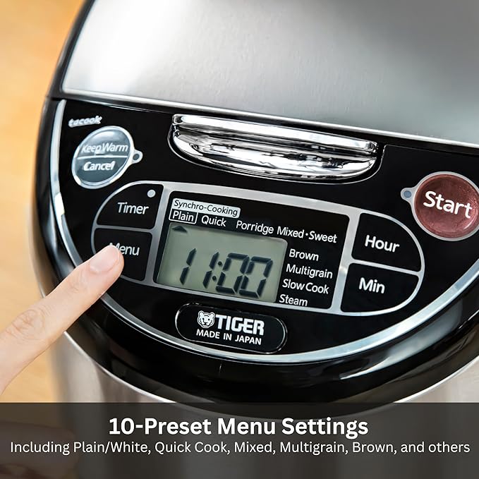 Tiger JAX-T18U-K 10-Cup (Uncooked) Micom Rice Cooker with Food Steamer & Slow Cooker, Stainless Steel Black