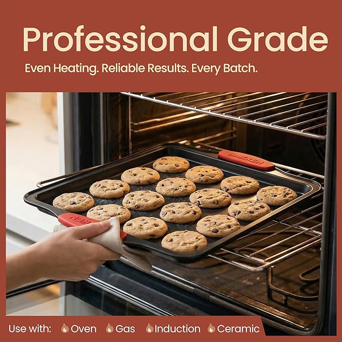 BAKKENMASTER Baking Set – 8 Piece Kitchen Oven Bakeware Set – Deluxe Non-Stick Black Coating Inside and Outside – Carbon Steel – Red Silicone Handles – PFOA PFOS and PTFE Free by Bakken