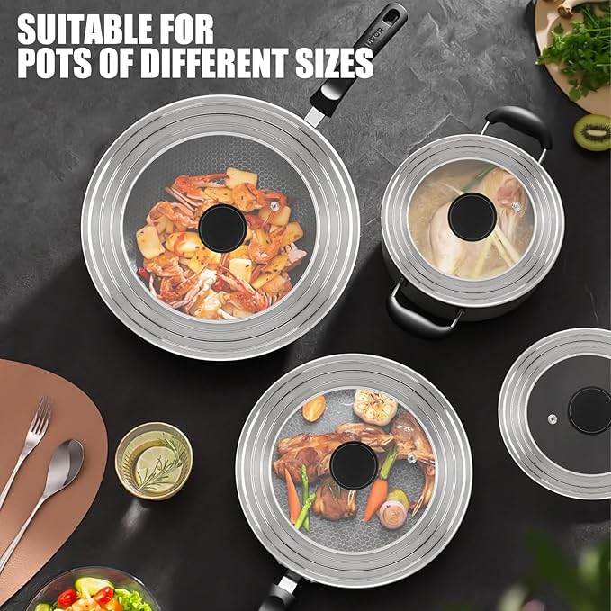 Universal Lid for Pots, Pans and Skillets, Fits 9, 10 and 10.5 Inch Cookware, Replacement Frying Pan Cover with Tempered Glass Top, Stainless Steel Cast Iron Skillet Lids - Heat Resistant Handle