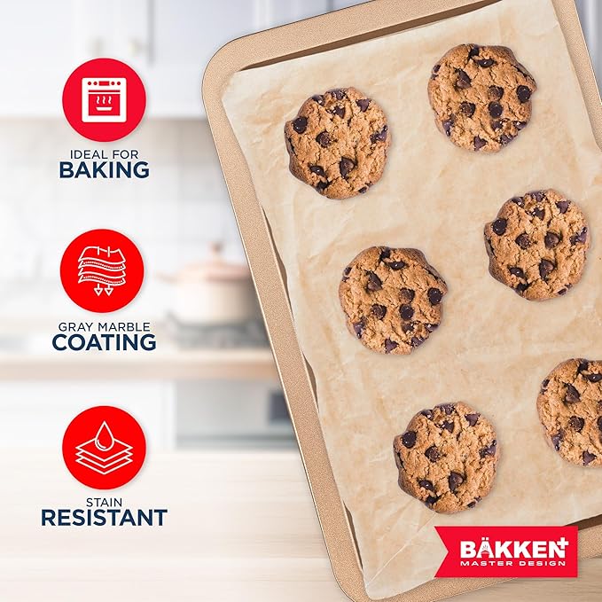 BAKKEN Kitchen Baking Pans - Nonstick Brown Coating, 13.18’’ × 8.66’’ Commercial Grade Carbon Steel Cookie Sheet, Baking Kitchen Essentials, PFOA, PFOS, PTFE Free, Oven Safe Tray (450° F), Brown