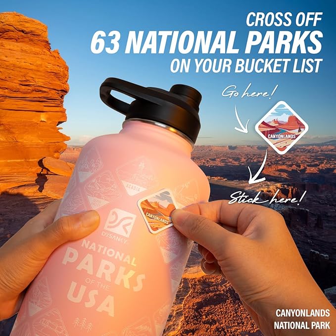 DYSANKY National Parks Water Bottle – 64 oz Insulated Stainless Steel Bottle with 63 Hand-Drawn Park Stickers, Carrier Bag, Strap & Gift Box – BPA-Free – Ideal for Hiking, Camping & Travel