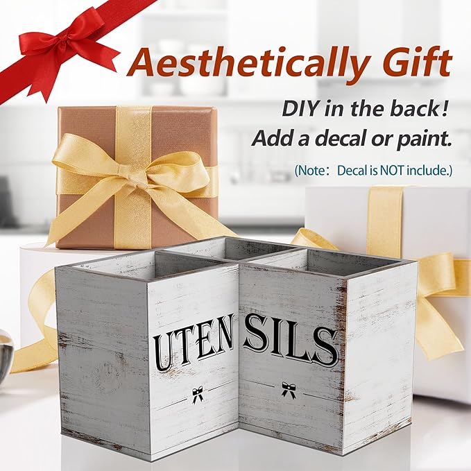 Suli Extra Large Kitchen Utensils Holder with 3 Compartments,Corner Shelf,Wooden Utensil Organizer for Kitchen Countertop, Farmhouse Decor, Rustic Cooking Utensil - White grain
