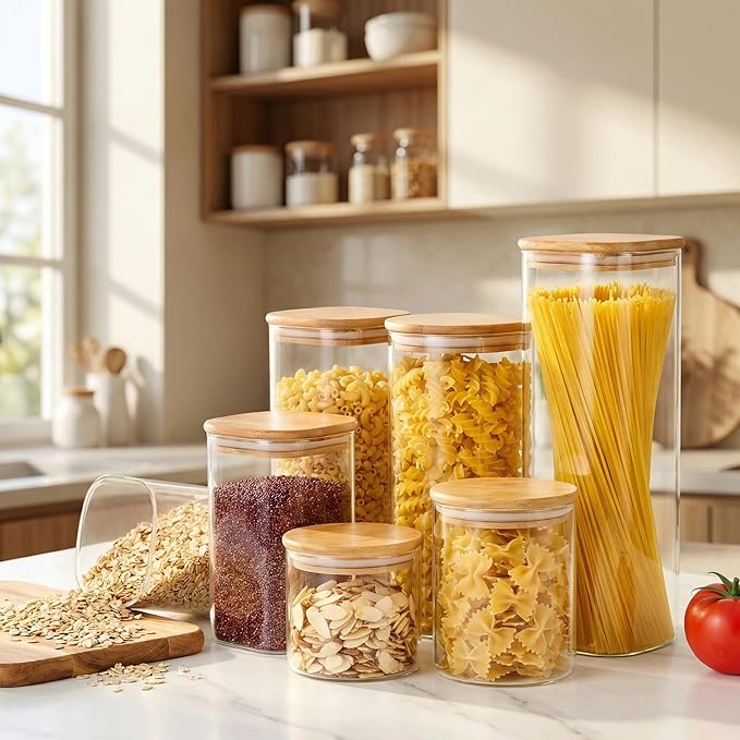 Multi Size - 5 Pack Square Glass Jars with Bamboo Lids, Glass Food Storage Containers with Airtight Lids for Kitchen, Air Tight Pantry Storage Containers for Cereal, Pasta, Rice, Sugar, Coffee, Spice