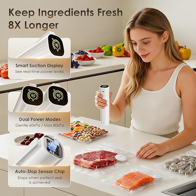 Compact Vacuum Sealer for Food (Vacuum Sealer Machine + 30 Reusable Vacuum Bags) Powerful Handheld Vacuum Sealer Machine, Featuring LED Pressure Display, Portable Food Sealer
