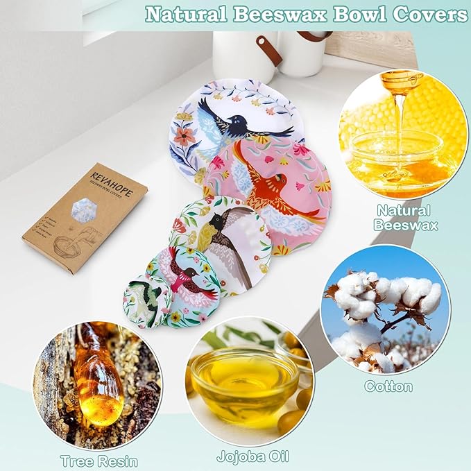 5-Size Reusable Beeswax Bowl Covers for Bread Proofing, Cotton Cloth Flexible Beeswax Wraps for Food Storage(Floral Bird)