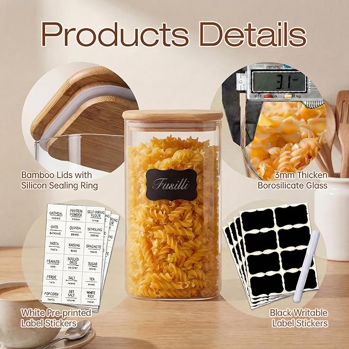 Extra Large Square Glass Flour & Sugar Storage Containers with Airtight Lids, 168 floz - 2 Pack Glass Jars with Bamboo Lids for Pantry, Air tight Food Storage Containers for Cereal, Pasta, Rice