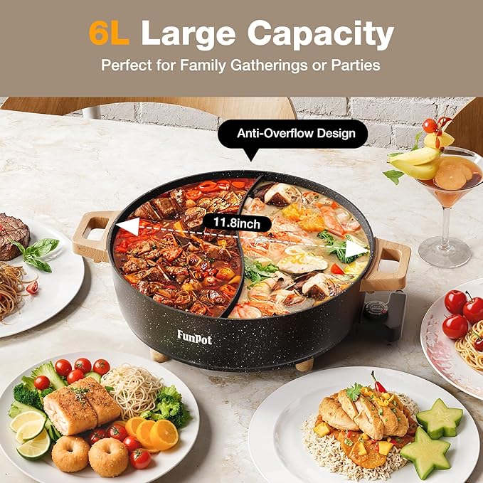 Electric Twin Compartment Hot Pot with Divider, Diamond grid embossed base, 1350W Temperature control, Large 6-Litre Capacity, Compact Woodgrain handles with Hollow Design