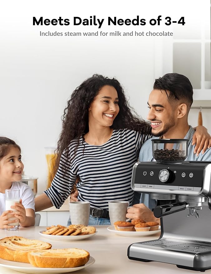 GarveeHome Espresso Machine With Grinder, 20 Bar Semi-Automatic Espresso Coffee Maker With Milk Frother Steamer Wand Cappuccino Latte Macchiato, 95 oz Water Tank, PID Temperature Control, Dark Gray