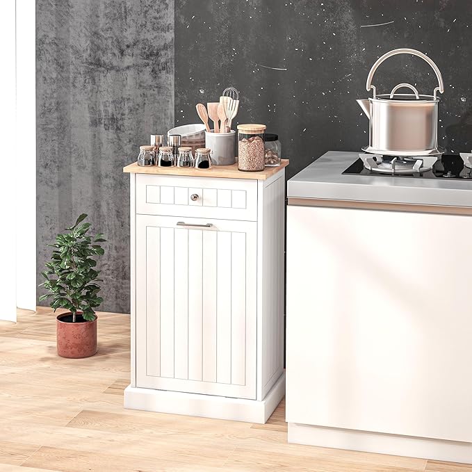 HRVEOCEI Single Tilt Out Trash Can Cabinet for 10 Gallon, Trash Can Holder Cabinet with Drawer, Farmhouse Garbage Cabinets for Kitchen Living Room, Easy to Clean (White + Wood)