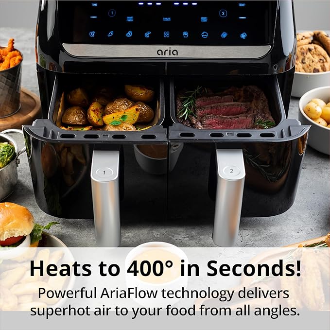 Aria 10Qt Dual Basket Air Fryer, Double 5Qt Basket Efficiency, Smart Sync Cooking, 8 Versatile Presets, Intuitive Touch Controls, and Dishwasher-Safe Baskets