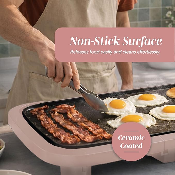 COOK WITH COLOR Electric Griddle 1200W, Nonstick Surface for Pancakes, Burgers, Eggs & More, Removable Temperature Control, Slide-Out Drip Tray, 10" x 16" Cooking Area, Dusty Rose