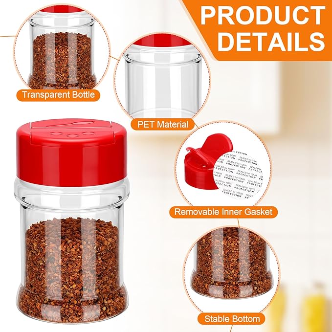 100 Pcs Plastic Spice Jars with 2 Sides Flip Cap Clear 2 Oz Seasoning Containers Empty Spice Bottles Small Seasoning Jars with Shaker Lid for Kitchen Storage Herbs and Powders(Red Cap)