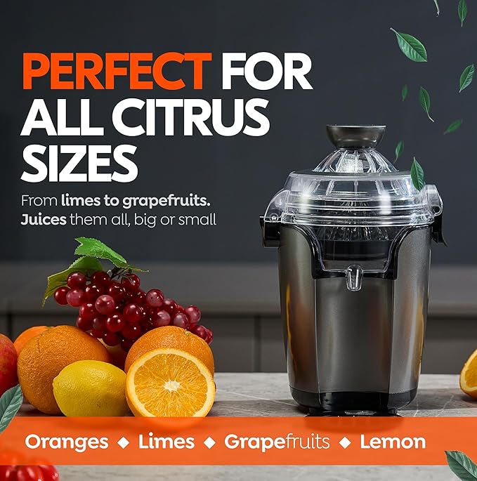 Eurolux Hands-Free Electric Citrus Juicer Machine, Orange Lime Grapefruit Lemon Squeezer, Easy to Clean, 2 Cone Sizes (Gray)