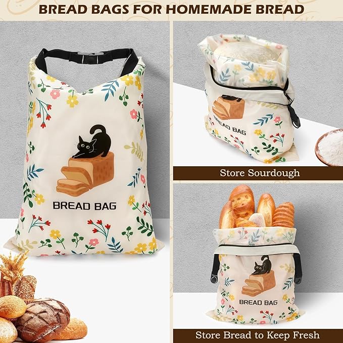 2 Pack Reusable Bread Bags for Homemade Bread, 17"×13" Sourdough Bread Storage Bags with Bowl Cover - Keep Loaf Fresh and Easy to Wash(Black Cat)