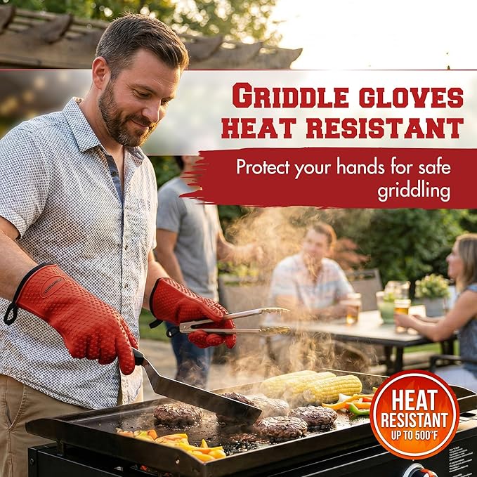 KITCHEN PERFECTION Silicone Oven & Griddle Gloves -Extreme Heat Resistant BBQ & Grilling Gloves -Handle Hot Food Right on Your Griddle |Waterproof Oven Mitts Grill Gloves |Superior Set+3 Bonuses
