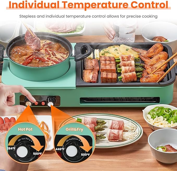3 in 1 Electric Hot Pot with Grill Smokeless Non-Stick Pot and Griddle for Korean BBQ Grill Shabu Shabu Pot Divider Independent Dual Temperature Control for 3-5 People（1600W）