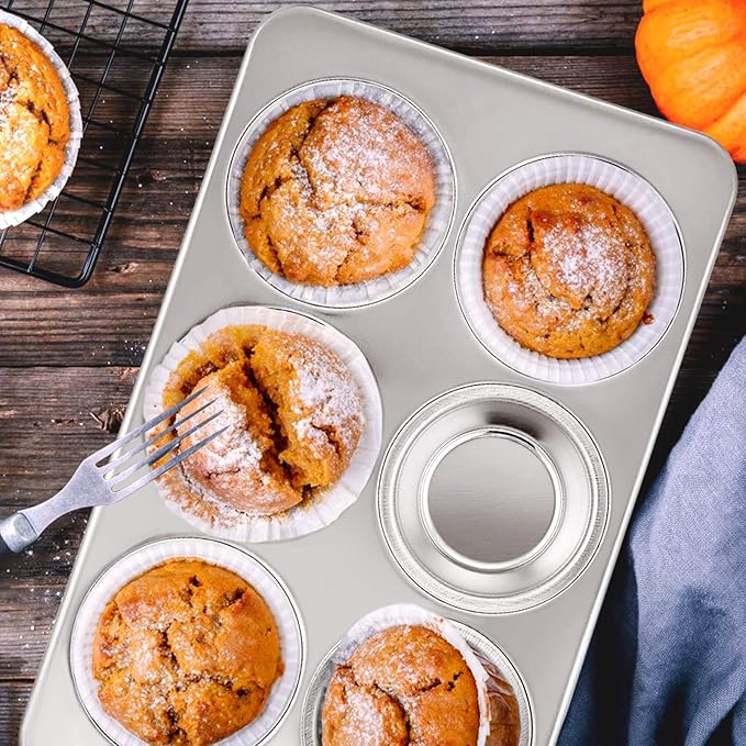 E-far Muffin Pan Set of 3, Stainless Steel Muffin Pan Tin for Baking, 6-Cup Metal Cupcake Pan Tray, Non-toxic & Healthy, Oven & Dishwasher Safe, Regular Size - 11.44 x 7.12 x 1.25 inch