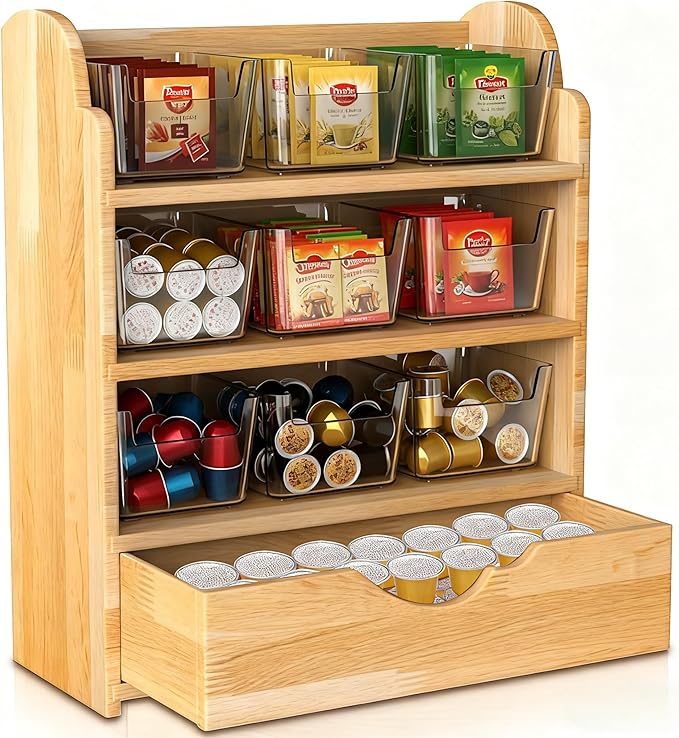 Tlence 4 Tier Wood Tea Bag Organizer, 15"x12.3"x4.5" Vertical Tea Storage Holder, Teabag Station Stand with 9 Plastic Box, Tea Packet Rack with Slide Drawer, Teabag Cabinet Shelf for Sugar and Creamer