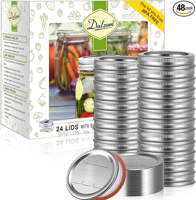 Dalzom® 24Pcs Canning Lids with 24Pcs Rings Wide Mouth, Premium Mason Jar Lids with Bands/Rings for Ball, Kerr Jars - Food Grade Material, 100% Fit & Airtight for Wide Mouth Mason Jars
