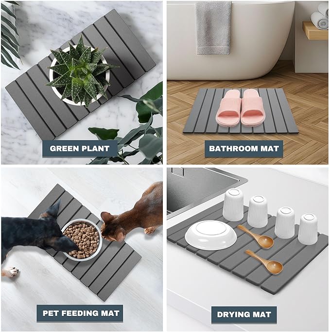Large Stone Dish Drying Mats for Kitchen Counter , Quick Dry Absorbent Collapsible Dish Drying Mat With Rubber Sole, 23.4”(L)x15.4”(W) Diatomaceous Earth Mats for Dishes Bottles Cups
