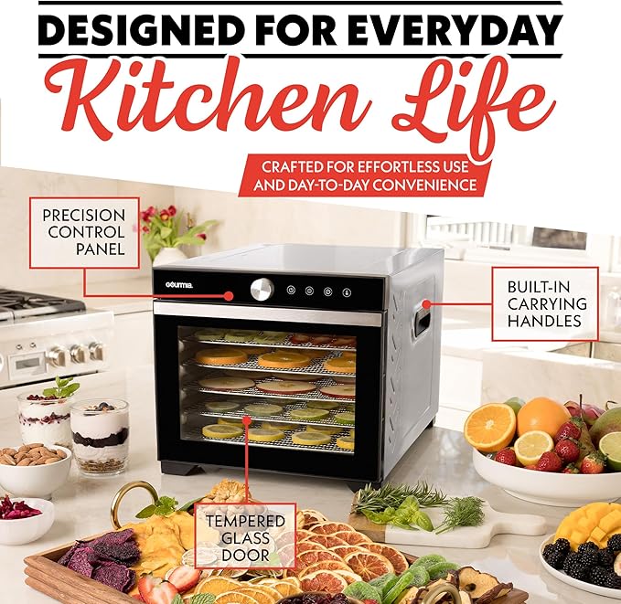 Gourmia Digital Food Dehydrator – 6 Stainless Steel Trays, 360° Airflow, One-Touch Presets, Adjustable Temp 95–165°F, Timer, Glass Door, Quiet Operation, 600W – Healthy Snacks, Jerky, Fruits & More