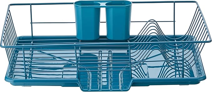 Sweet Home Collection 3 Piece Dish Drainer Rack Set with Drying Board and Utensil Holder, 12" x 19" x 5", Teal(Pack of 1)